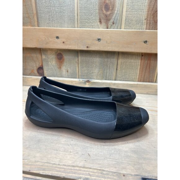 W7 US7 Crocs Iconic  Sienna Shiny Flat Black Womens Comfort Slip On Shoes 203301 - Picture 1 of 6